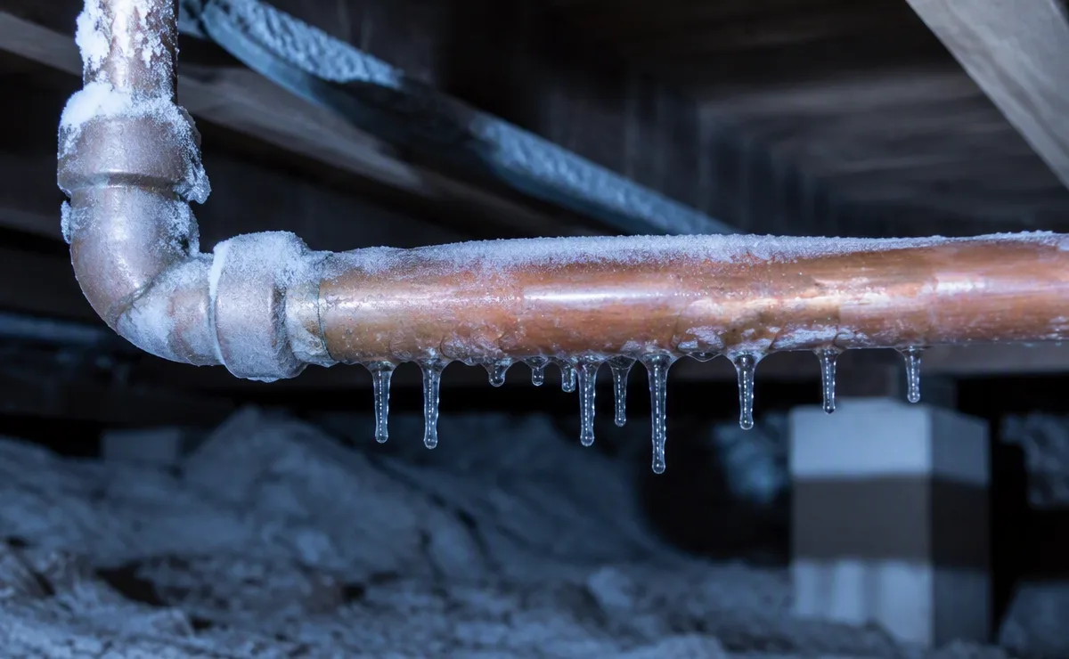 Frozen pipe covered in snow and ice during a cold snap
