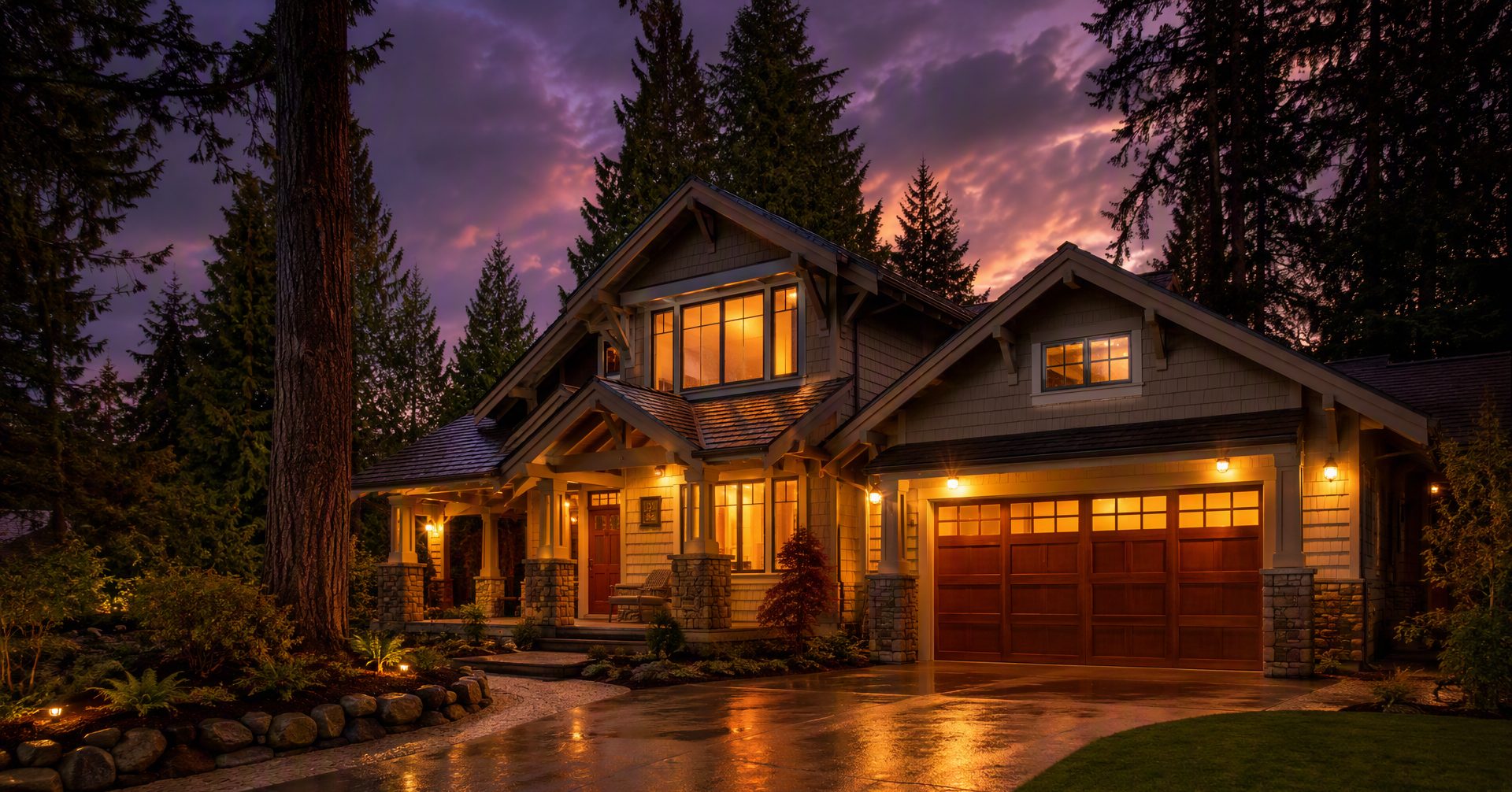 Golden-hour Pacific Northwest craftsman home after rain